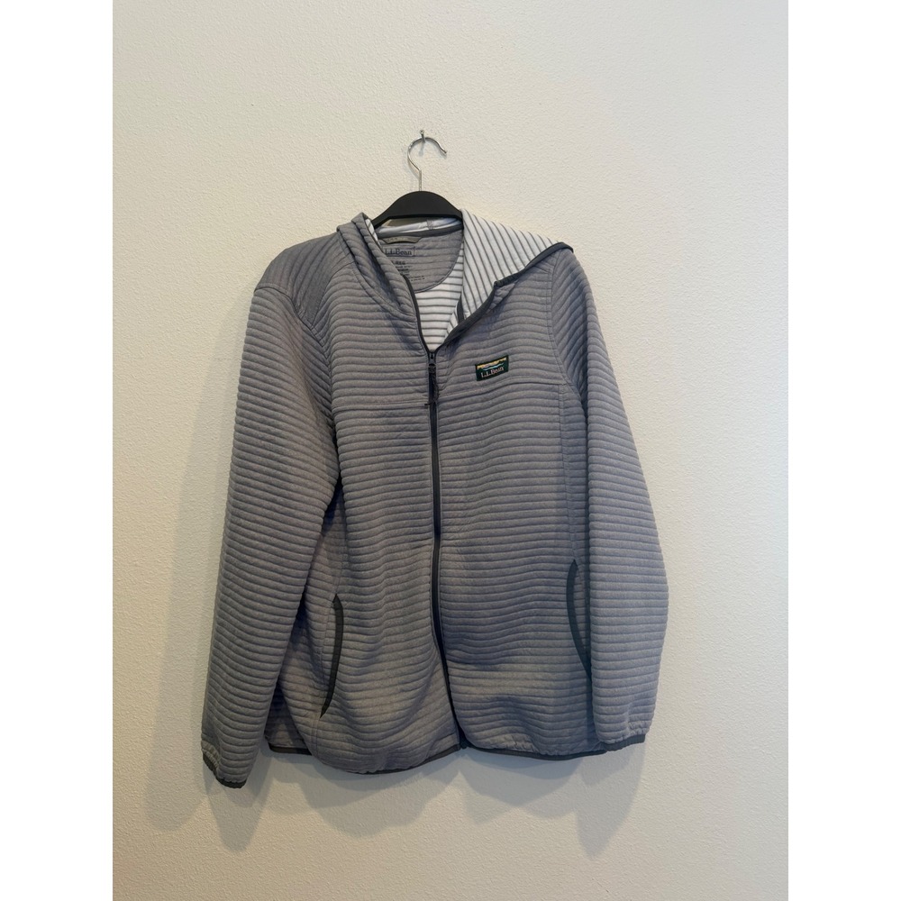 LL Bean Mens Gray Quilted Full Zip Hoodie Jacket Large 507507 Striped Lining